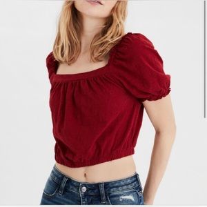 American Eagle Red Eyelet Puff Sleeve Crop Top Size L